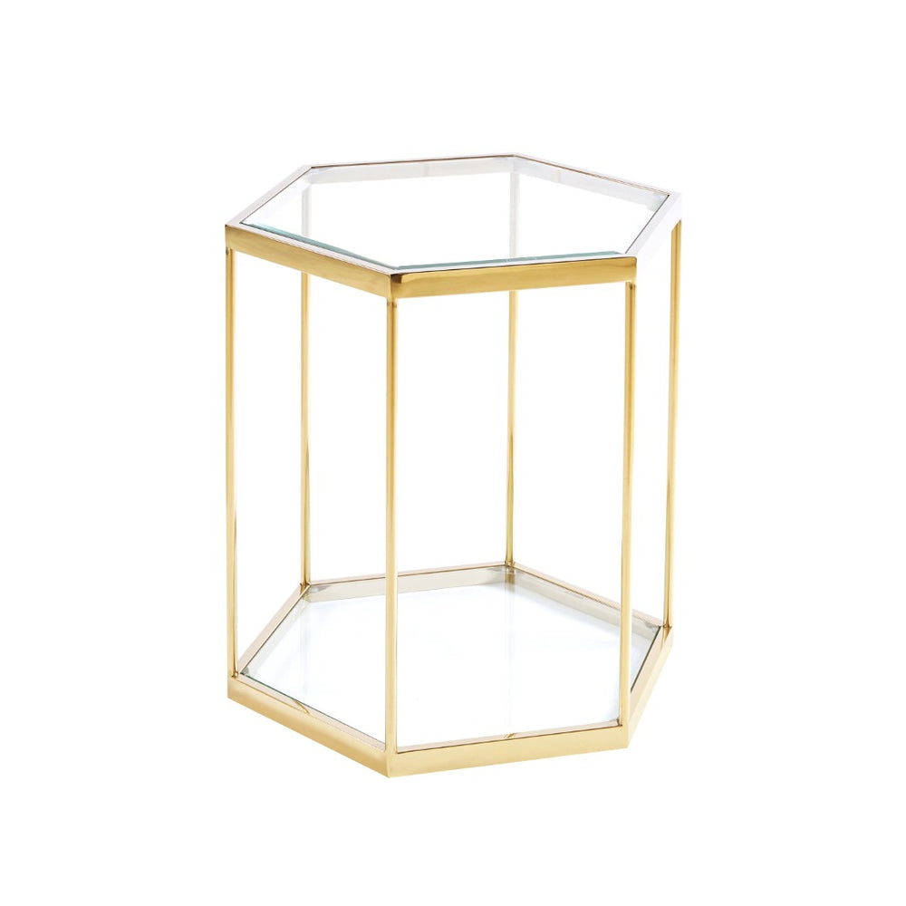 English Elm Modern Two Tier Tempered Glass End Table with Polished Stainless Steel Frame W124181356