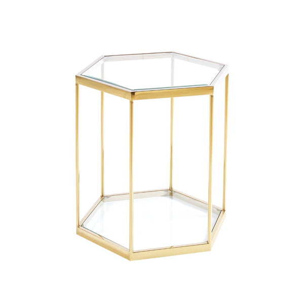 English Elm Modern Two Tier Tempered Glass End Table with Polished Stainless Steel Frame W124181356
