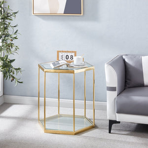 English Elm Modern Two Tier Tempered Glass End Table with Polished Stainless Steel Frame W124181356