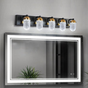 English Elm Vanity Light Bar with Five Led Bulbs Matte Black Frame Clear Glass Bathroom Mirror W134070913
