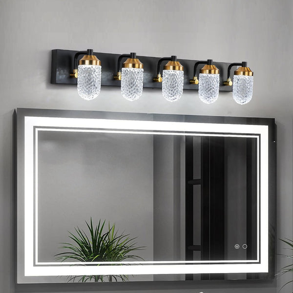 English Elm Vanity Light Bar with Five Led Bulbs Matte Black Frame Clear Glass Bathroom Mirror W134070913