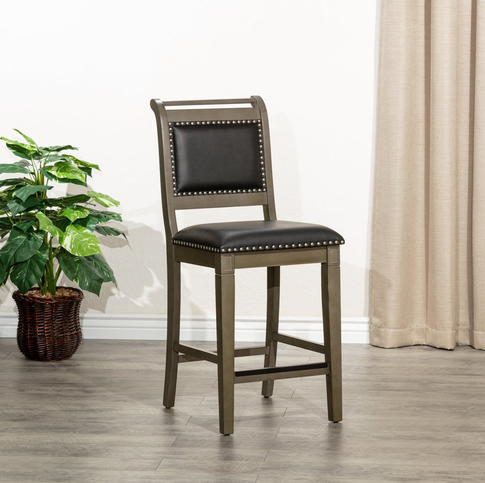 English Elm 24" Counter Stool In Weathered Gray & Black Leather - Farmhouse Charm With Modern Comfort & Style B04681330