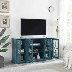 English Elm 63" Teal Blue Sideboard Buffet TV Stand with Carved Doors, Glass Panels, Adjustable Shelves, Anti-Tip W96570012