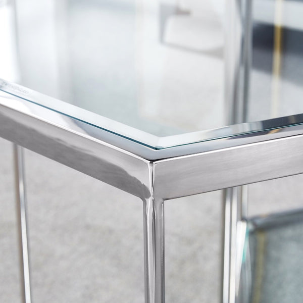 English Elm Modern Two Tier Tempered Glass End Table with Polished Stainless Steel Frame W124181351