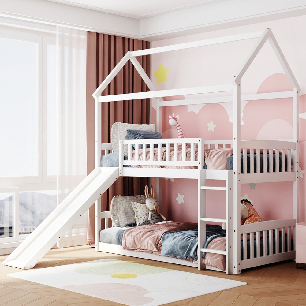 English Elm Twin Over Playhouse Bunk Bed with Built in Slide Solid Pine Kids Frame LT100213AAK-1