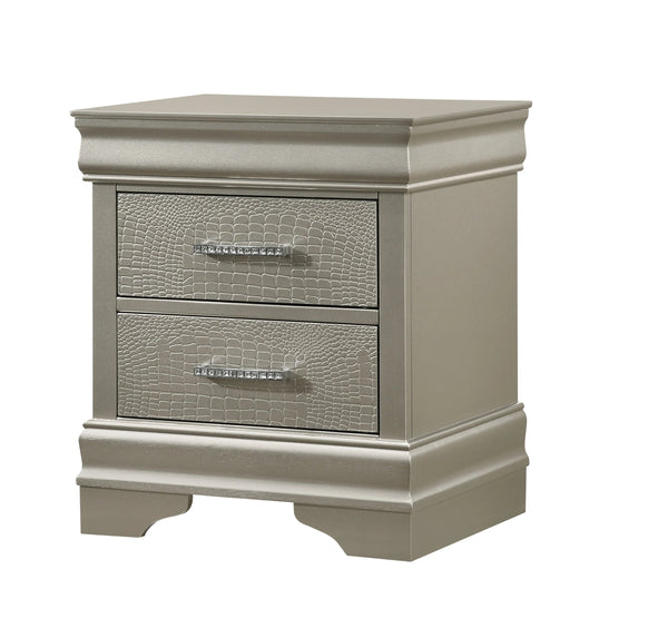 English Elm 1pc Modern Glam Nightstand with 2 Drawers, Champagne Solid Wood Finish, Crystal Tufted Croc Texture B01181332