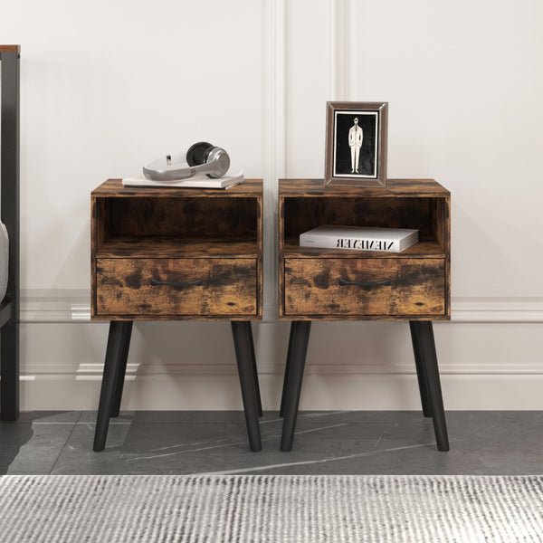 English Elm Two Grey Oak Nightstands with Storage Drawer and Open Shelf for Modern Bedrooms W57872958