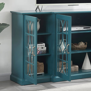 English Elm 63" Teal Blue Sideboard Buffet TV Stand with Carved Doors, Glass Panels, Adjustable Shelves, Anti-Tip W96570012