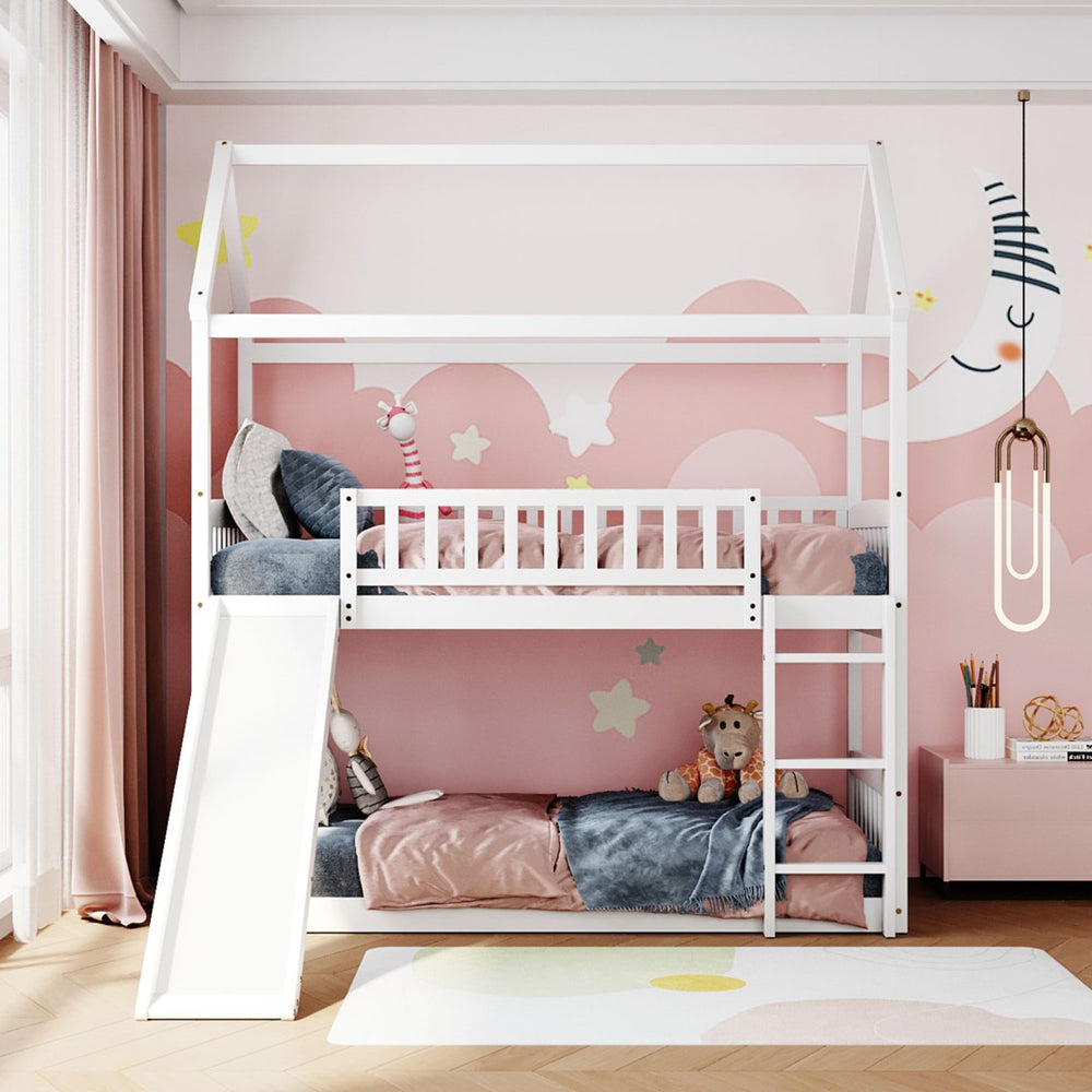 English Elm Twin Over Playhouse Bunk Bed with Built in Slide Solid Pine Kids Frame LT100213AAK-1
