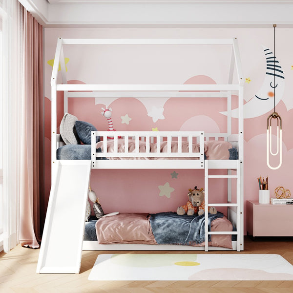 English Elm Twin Over Playhouse Bunk Bed with Built in Slide Solid Pine Kids Frame LT100213AAK-1
