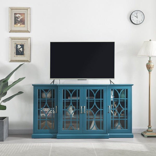 English Elm 63" Teal Blue Sideboard Buffet TV Stand with Carved Doors, Glass Panels, Adjustable Shelves, Anti-Tip W96570012
