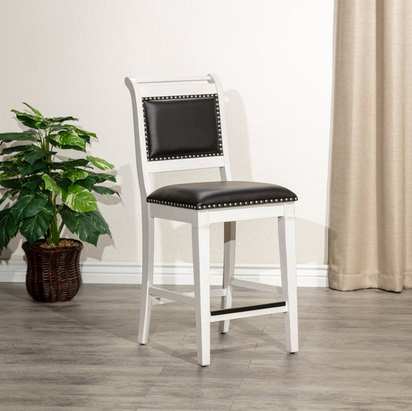 English Elm 24" Counter Stool Centennial Farmhouse Antique White with Black Leather Seat, Nailhead Trim & Wood Frame B04681329