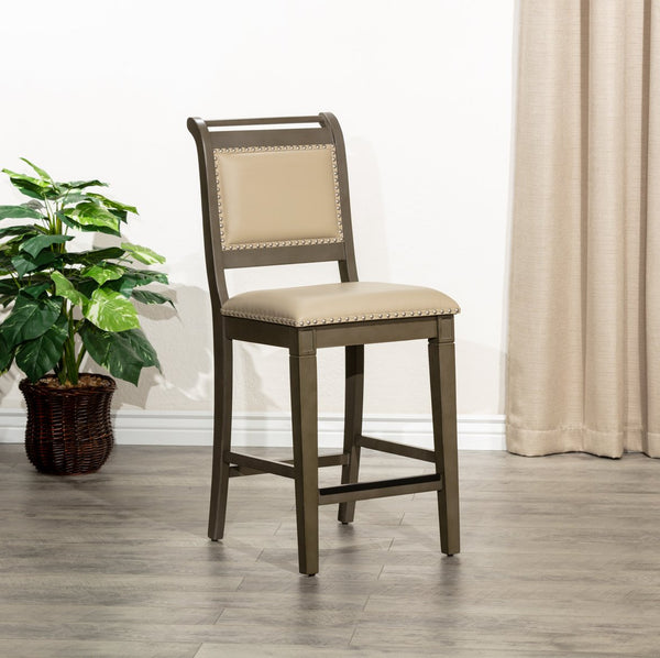 English Elm 24" Counter Stool - Rustic Weathered Gray Wood & French Gray Leather Seat For Farmhouse Charm B04681331