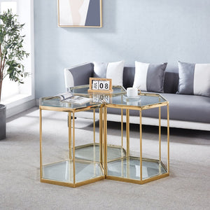 English Elm Modern Two Tier Tempered Glass End Table with Polished Stainless Steel Frame W124181356