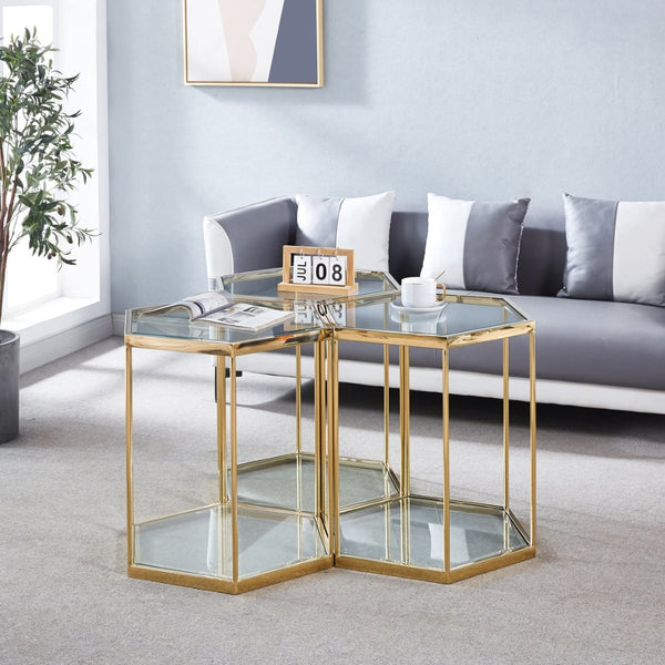 English Elm Modern Two Tier Tempered Glass End Table with Polished Stainless Steel Frame W124181356