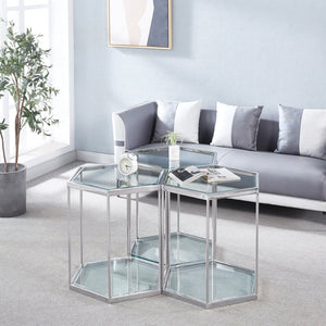 English Elm Modern Two Tier Tempered Glass End Table with Polished Stainless Steel Frame W124181351