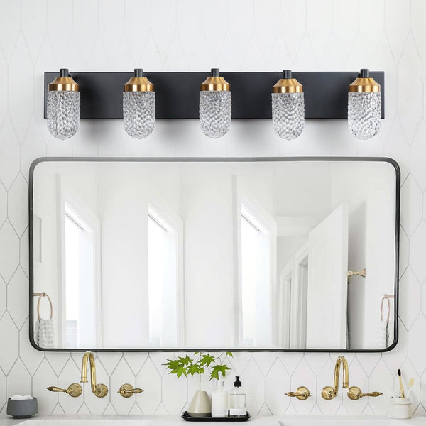 English Elm Vanity Light Bar with Five Led Bulbs Matte Black Frame Clear Glass Bathroom Mirror W134070913