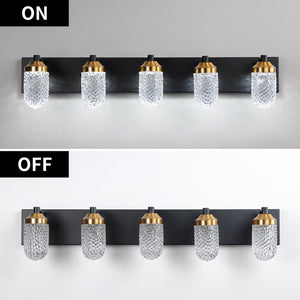 English Elm Vanity Light Bar with Five Led Bulbs Matte Black Frame Clear Glass Bathroom Mirror W134070913