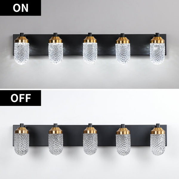 English Elm Vanity Light Bar with Five Led Bulbs Matte Black Frame Clear Glass Bathroom Mirror W134070913