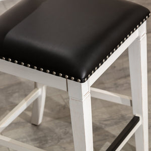 English Elm 24" Counter Stool Centennial Farmhouse Antique White with Black Leather Seat, Nailhead Trim & Wood Frame B04681329