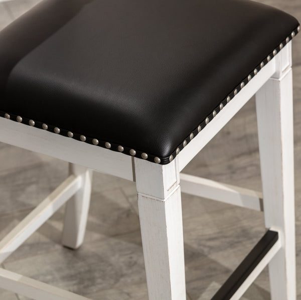 English Elm 24" Counter Stool Centennial Farmhouse Antique White with Black Leather Seat, Nailhead Trim & Wood Frame B04681329