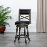 English Elm 24" Counter Height X-Back Swivel Stool, Weathered Gray Finish, Black Leather Seat