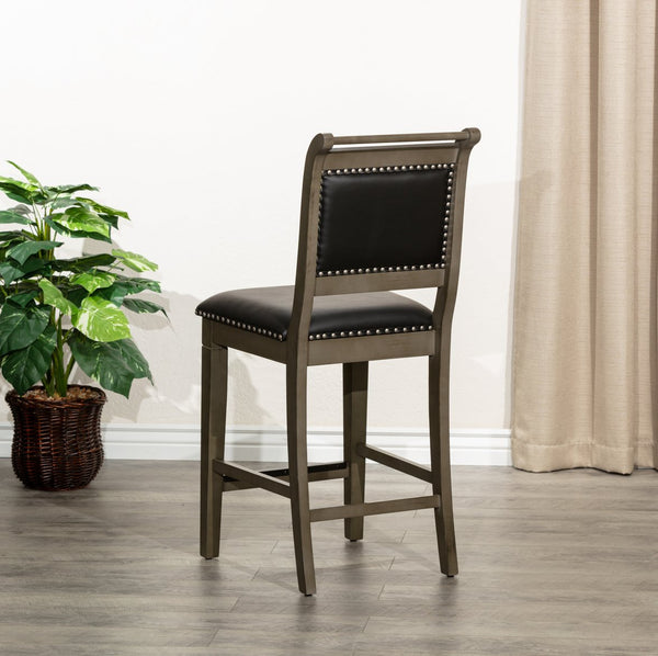 English Elm 24" Counter Stool In Weathered Gray & Black Leather - Farmhouse Charm With Modern Comfort & Style B04681330