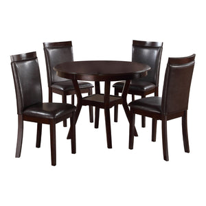 English Elm Espresso Round Dining Set Seats Four with Open Shelf Base and Faux Leather Side Chairs B01181169