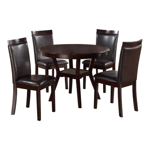 English Elm Espresso Round Dining Set Seats Four with Open Shelf Base and Faux Leather Side Chairs B01181169