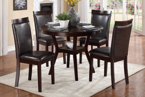 English Elm Espresso Round Dining Set Seats Four with Open Shelf Base and Faux Leather Side Chairs B01181169