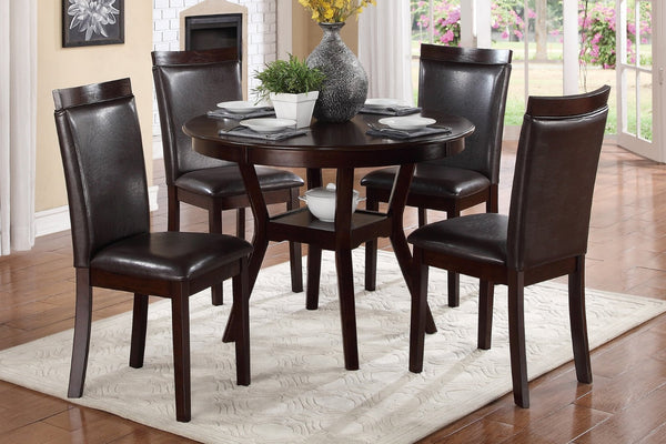 English Elm Espresso Round Dining Set Seats Four with Open Shelf Base and Faux Leather Side Chairs B01181169