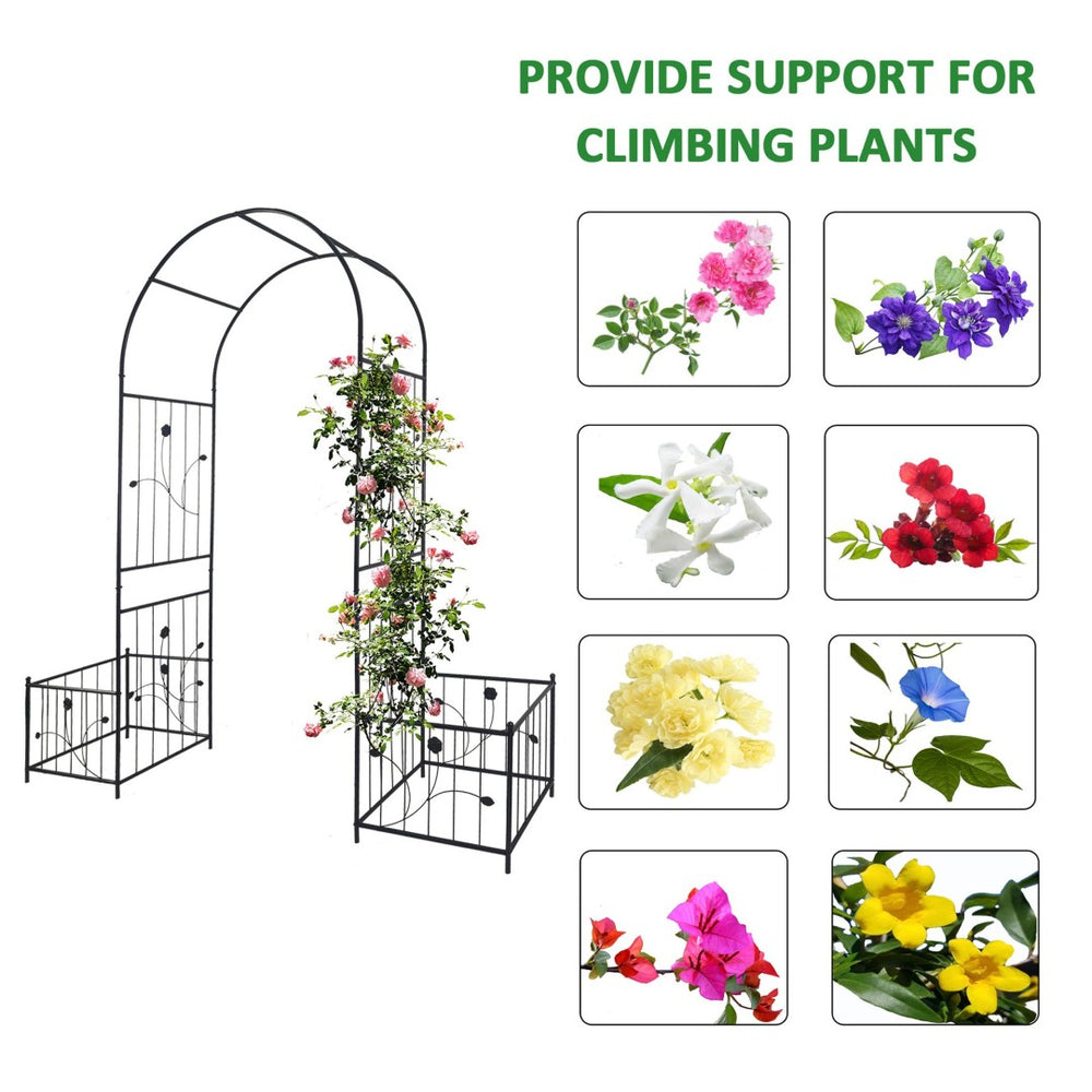 English Elm Metal Garden Arch with Planter Stands Powder Coated Steel Climbing Rose Support W158681135