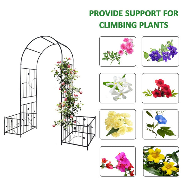 English Elm Metal Garden Arch with Planter Stands Powder Coated Steel Climbing Rose Support W158681135