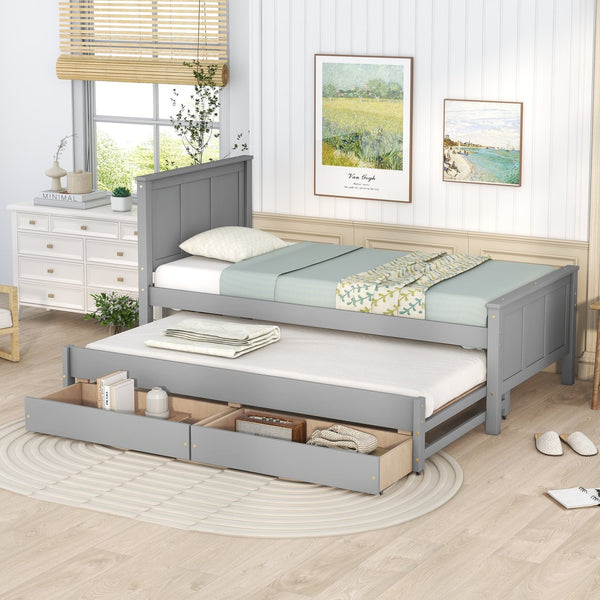 English Elm Twin Twin Size Platform Bed with Trundle and Roll-Out Drawers, Solid Pine & MDF, Rustic Modern Storage Gray WF298815AAE