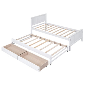 English Elm Twin Twin Size Platform Bed with Trundle and Roll-Out Drawers, Solid Pine & MDF, Rustic Modern Storage White WF298815AAK