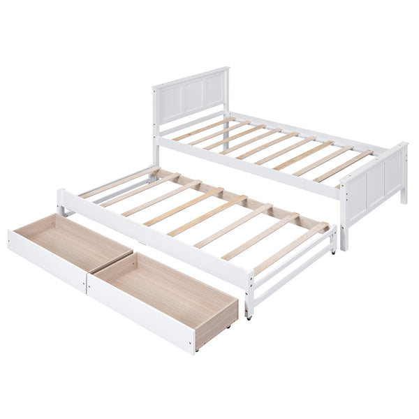 English Elm Twin Twin Size Platform Bed with Trundle and Roll-Out Drawers, Solid Pine & MDF, Rustic Modern Storage White WF298815AAK