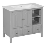 English Elm [Video] 36" Bathroom Vanity With Ceramic Basin, Bathroom Storage Cabinet With Two Doors and Drawers, Solid Frame, Metal Handles, Grey (Old Sku: Jl000003Aae)