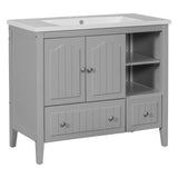 English Elm [Video] 36" Bathroom Vanity With Ceramic Basin, Bathroom Storage Cabinet With Two Doors and Drawers, Solid Frame, Metal Handles, Grey (Old Sku: Jl000003Aae)