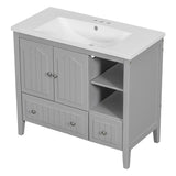 English Elm [Video] 36" Bathroom Vanity With Ceramic Basin, Bathroom Storage Cabinet With Two Doors and Drawers, Solid Frame, Metal Handles, Grey (Old Sku: Jl000003Aae)