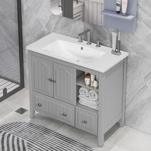 English Elm [Video] 36" Bathroom Vanity With Ceramic Basin, Bathroom Storage Cabinet With Two Doors and Drawers, Solid Frame, Metal Handles, Grey (Old Sku: Jl000003Aae)