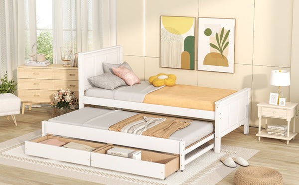 English Elm Twin Pine Platform Bed with Pull-out Trundle Storage Drawers for Kids or Guests White N7090008815K