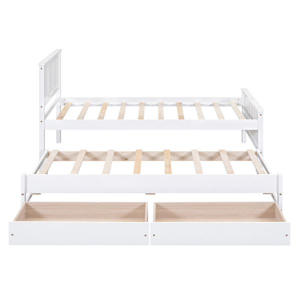 English Elm Twin Twin Size Platform Bed with Trundle and Roll-Out Drawers, Solid Pine & MDF, Rustic Modern Storage White WF298815AAK