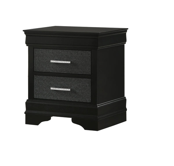 English Elm 1pc Modern Glam Nightstand Black Finish Solid Wood Two Drawers Crystal Button Tufted Accent 21.7" B01181413