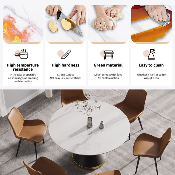 English Elm 53.15"Modern round sintered stone dining table with black carbon steel pedestal base, seats 6 comfortably W1535S00490