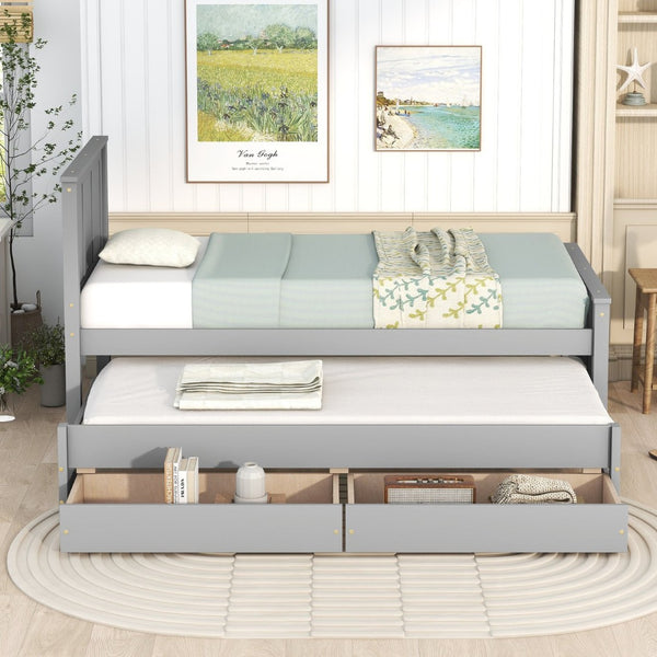 English Elm Twin Pine Platform Bed with Pull-out Trundle Storage Drawers for Kids or Guests Gray N7090008815E