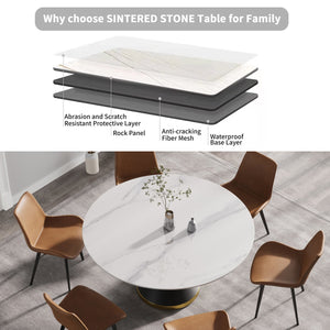 English Elm 59.05"Modern 59.05" Modern Round Dining Table With Durable Sintered Stone Top & Black Steel Base For 6 People W1535S00008