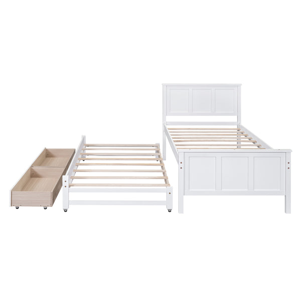 English Elm Twin Twin Size Platform Bed with Trundle and Roll-Out Drawers, Solid Pine & MDF, Rustic Modern Storage White WF298815AAK