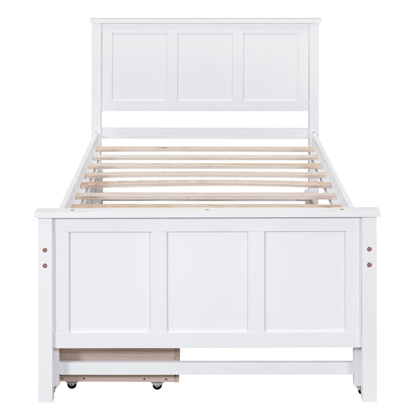 English Elm Twin Twin Size Platform Bed with Trundle and Roll-Out Drawers, Solid Pine & MDF, Rustic Modern Storage White WF298815AAK