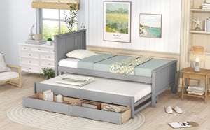 English Elm Twin Twin Size Platform Bed with Trundle and Roll-Out Drawers, Solid Pine & MDF, Rustic Modern Storage Gray WF298815AAE