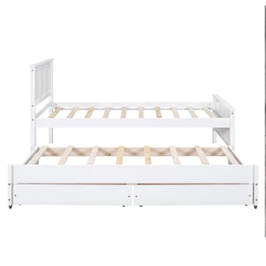 English Elm Twin Twin Size Platform Bed with Trundle and Roll-Out Drawers, Solid Pine & MDF, Rustic Modern Storage White WF298815AAK